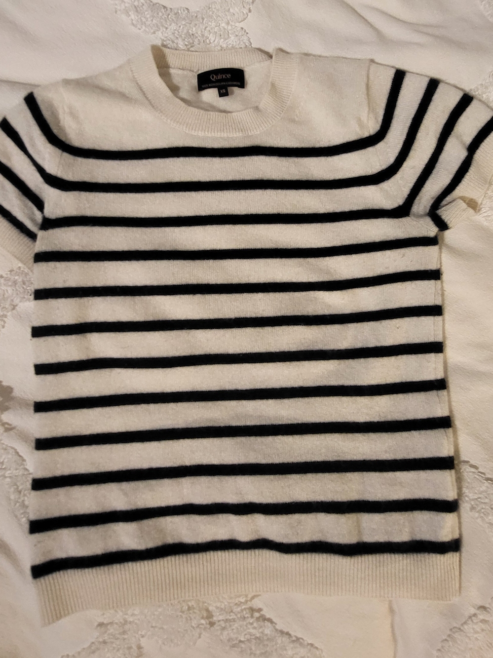 Quince Cashmere Cream & Black Striped Short-Sleeve Sweater XS